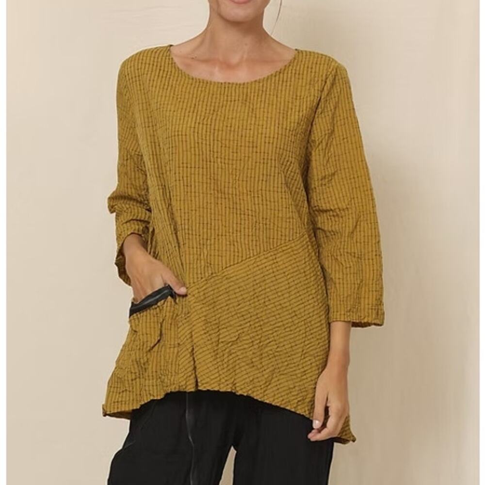 Chalet et Ceci Kayleigh Mustard Yellow Tunic Top Lagenlook Nylon Women's Lg